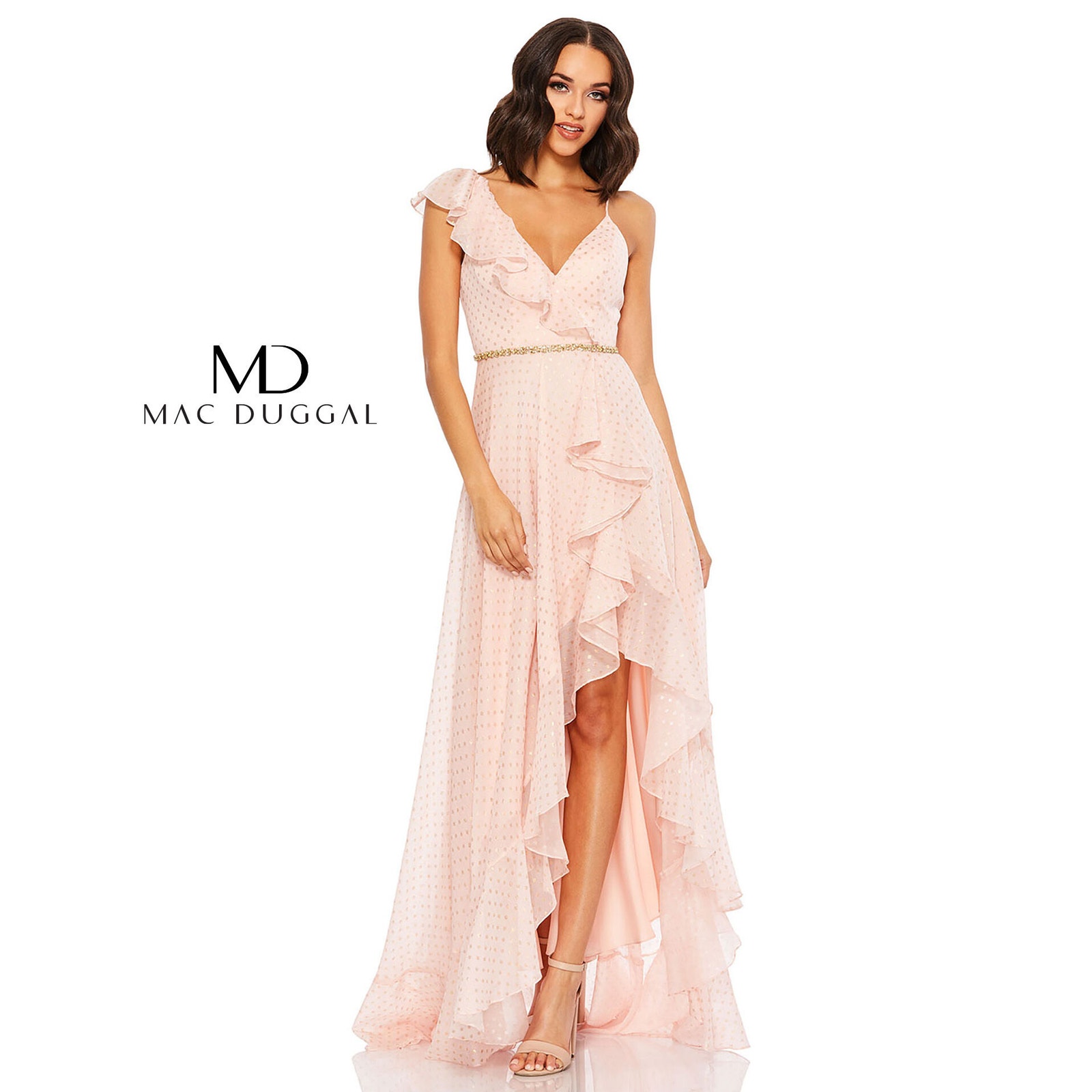 Mac Duggal Light Pink Ruffle Frill Slit Gold Dress Wedding Guest Cottagecore